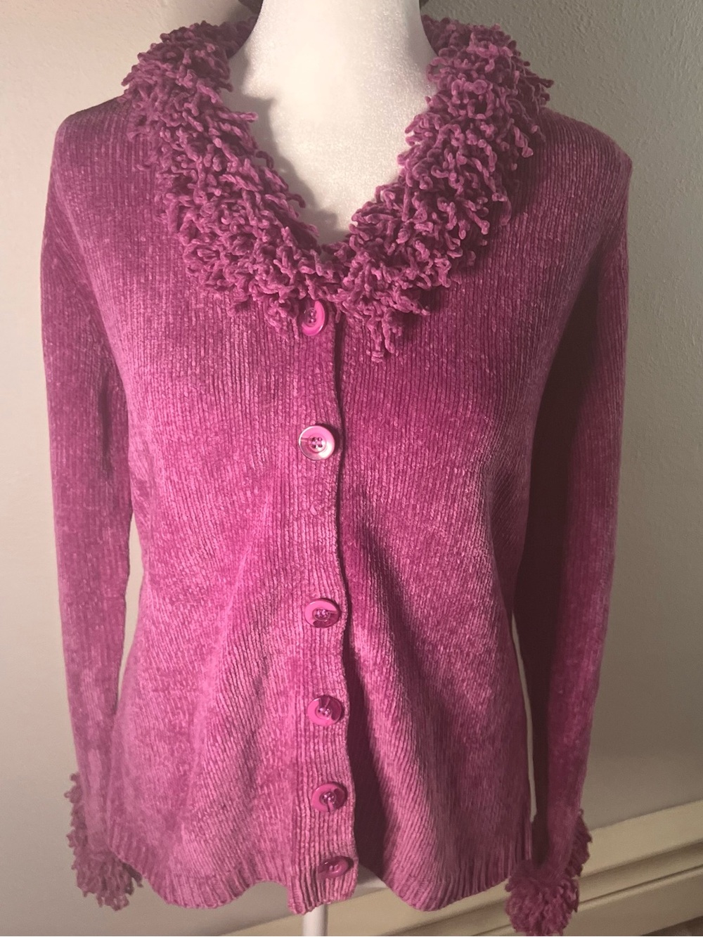 Designers Originals Fushia Chenille Button-Front Cardigan with Ruffle Collar